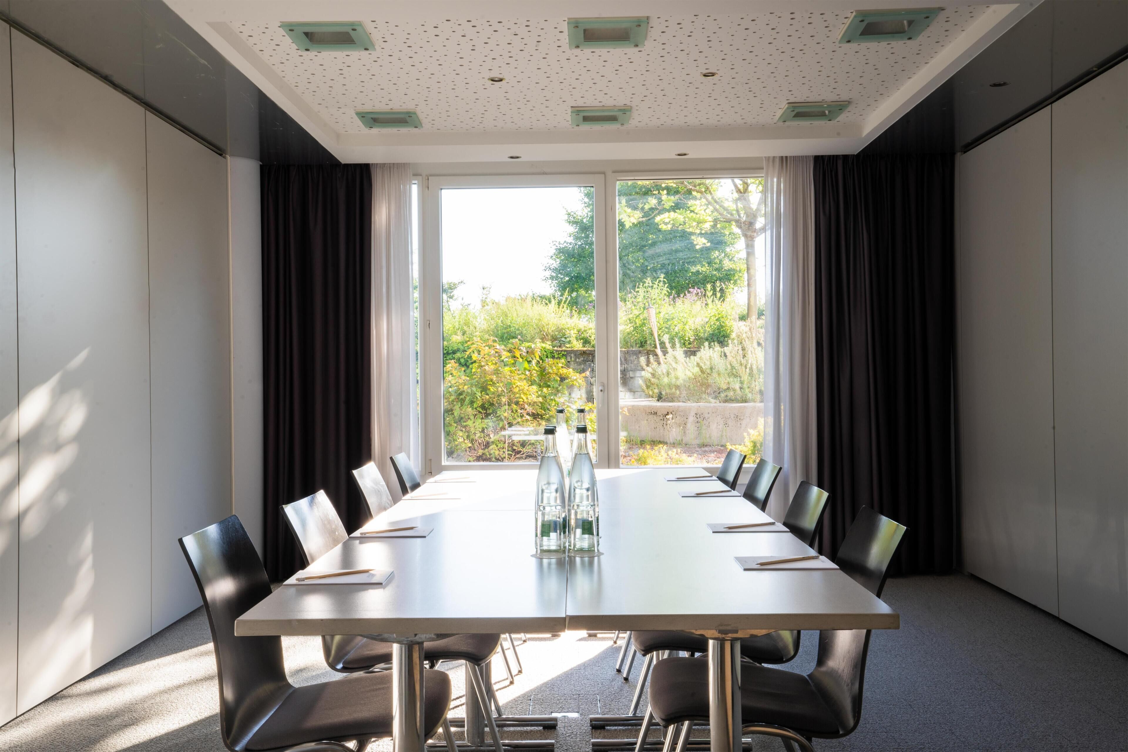 Une salle de conférence dotée d’une longue table, de chaises et offrant une vue sur la verdure grâce à de grandes fenêtres.
