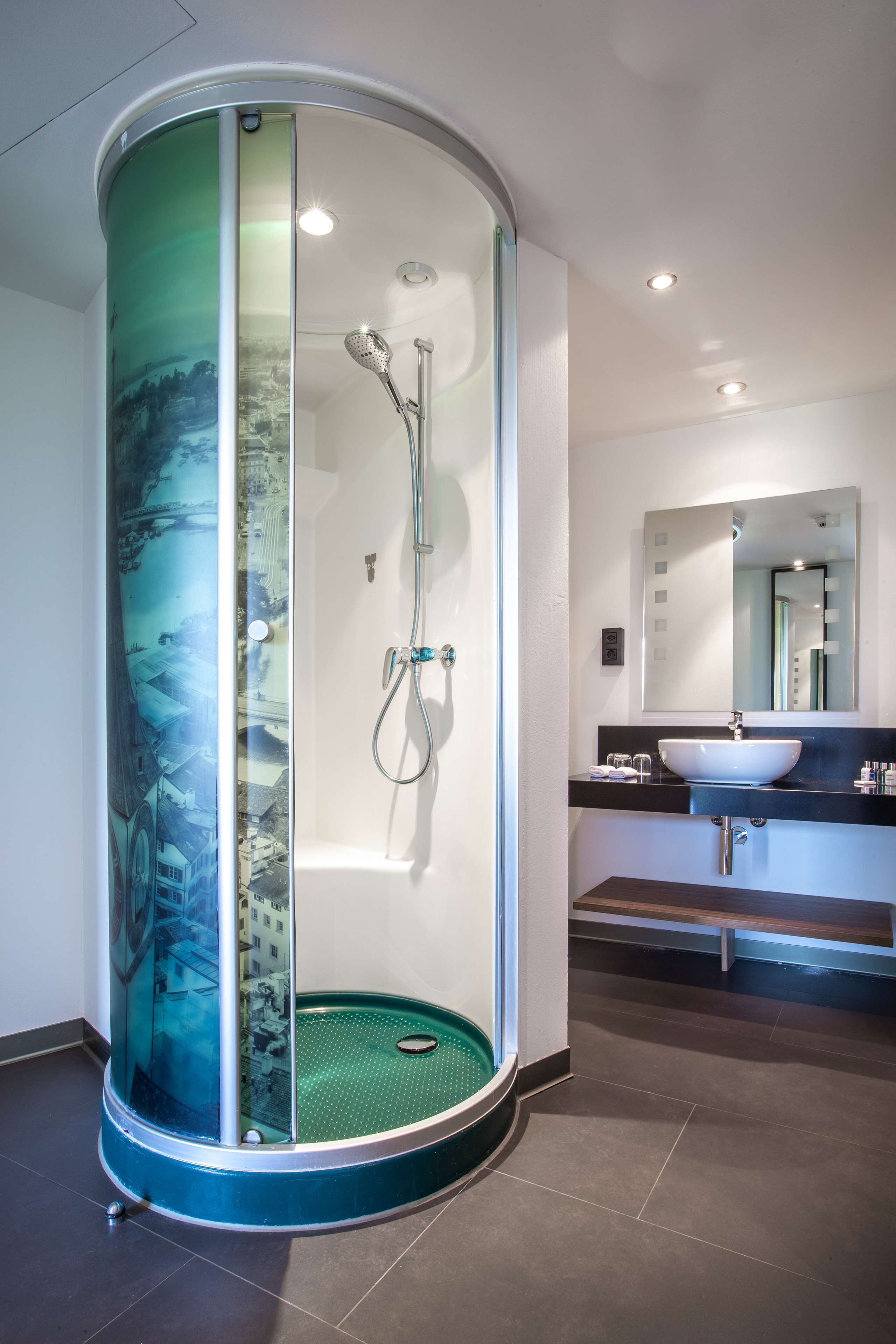 family room | bathroom | shower, rainfall showerhead, eco-friendly toiletries, hair dryer