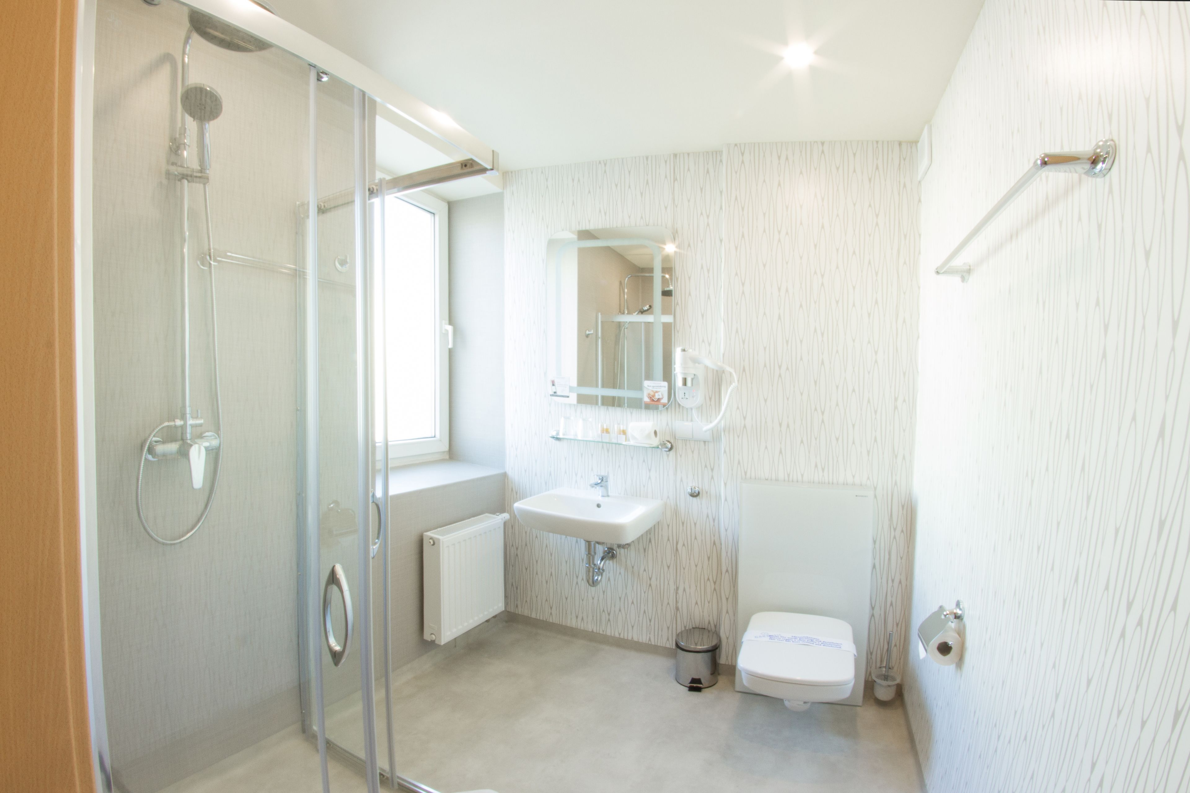 A modern bathroom with a glass-enclosed shower, a white sink, and a toilet.