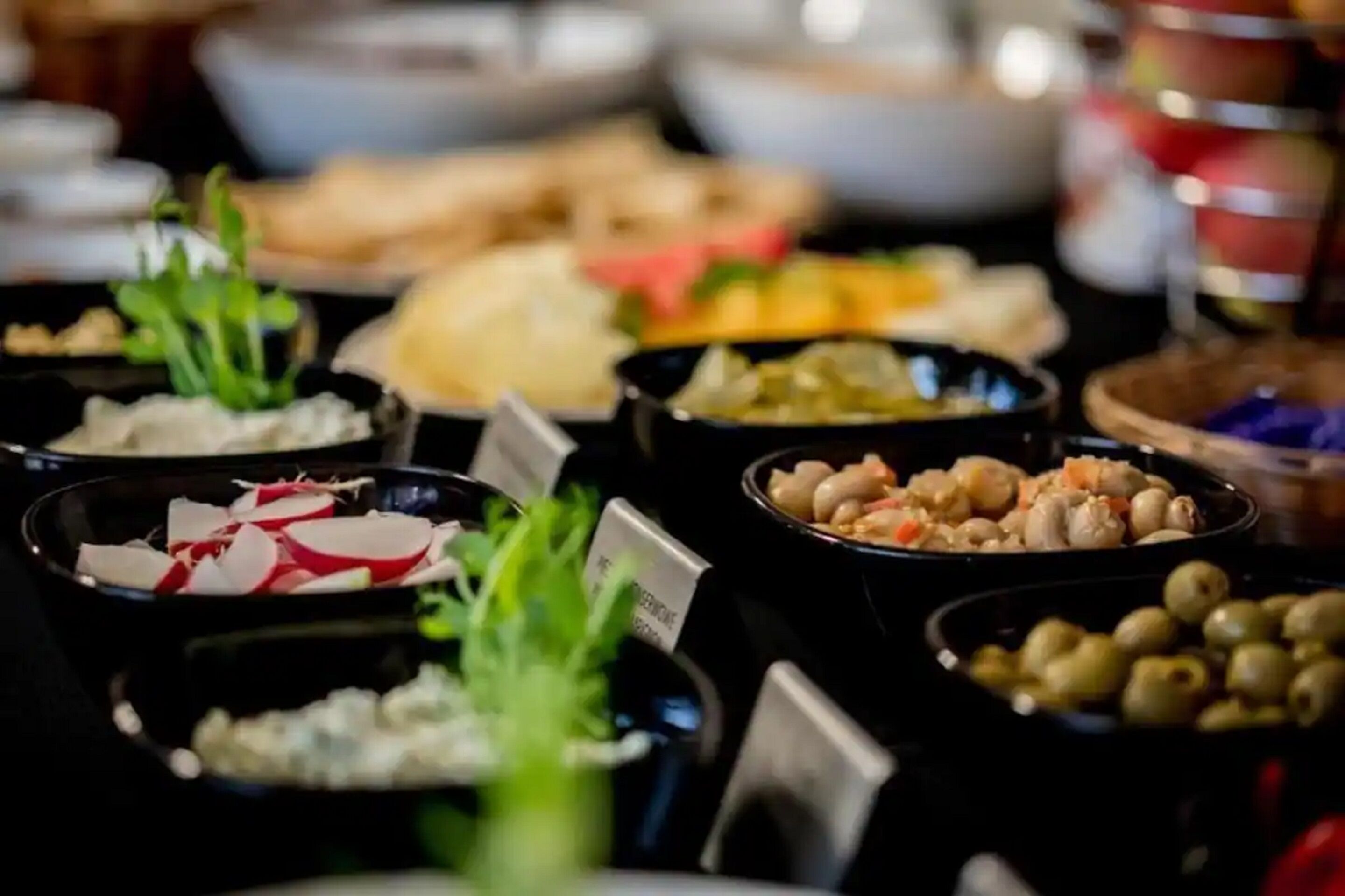 Un bufé con diversos platos, incluyendo ensaladas, carnes y verduras.