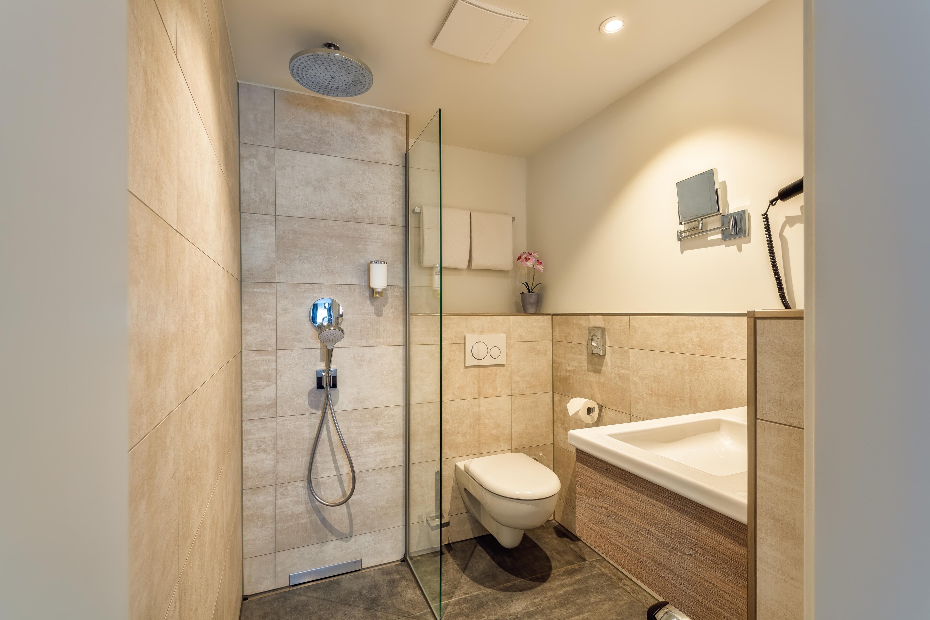 shower, free toiletries, hair dryer, towels