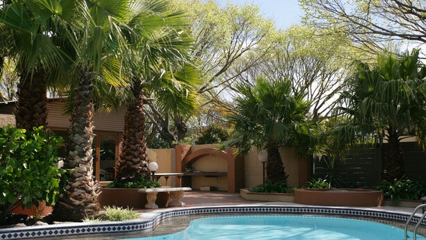 A swimming pool surrounded by palm trees and a patio area with a table and chairs. - Distinction Coachman Hotel, Palmerston North (Palmerston North)