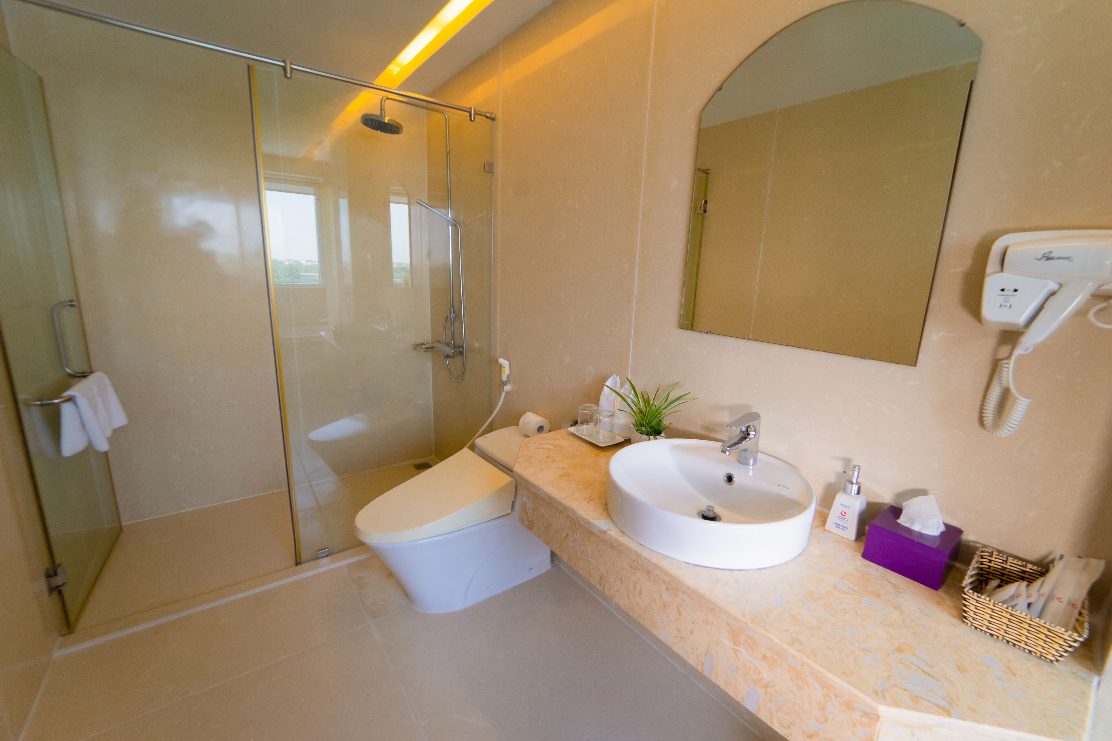 A modern bathroom with a glass-enclosed shower, a white toilet, a sink, and a mirror.