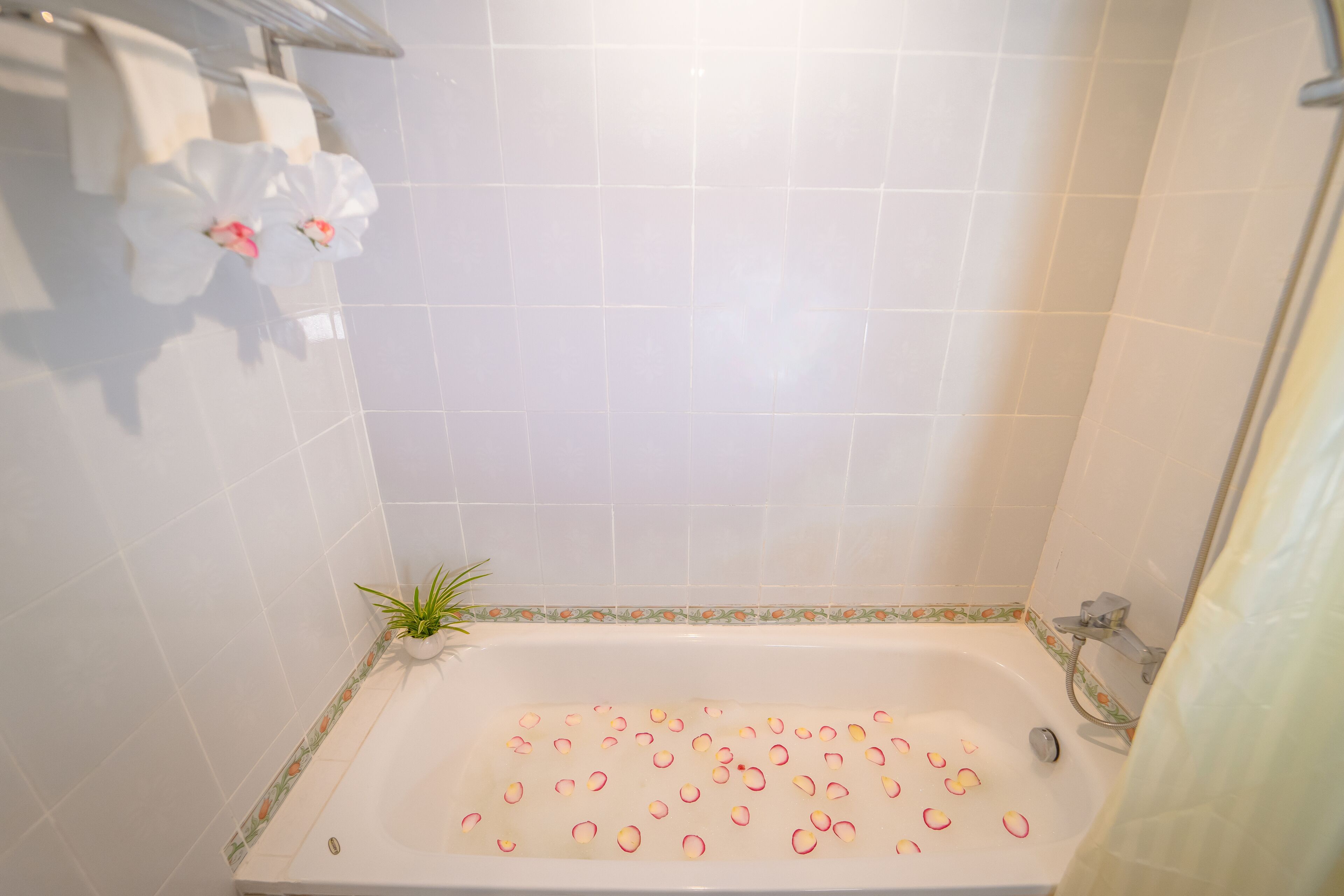 A bathroom with a bathtub filled with rose petals, a potted plant, and a shower area.