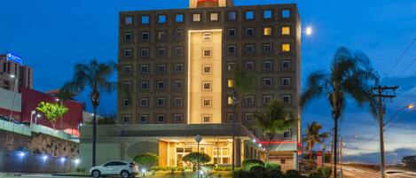 Un hotel de varios pisos con un letrero destacado de 'ibis', un estacionamiento y palmeras.