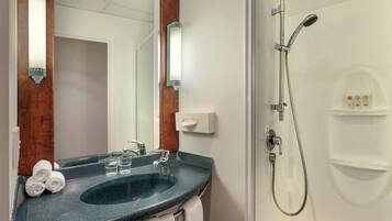 Shower, eco-friendly toiletries, hair dryer, towels