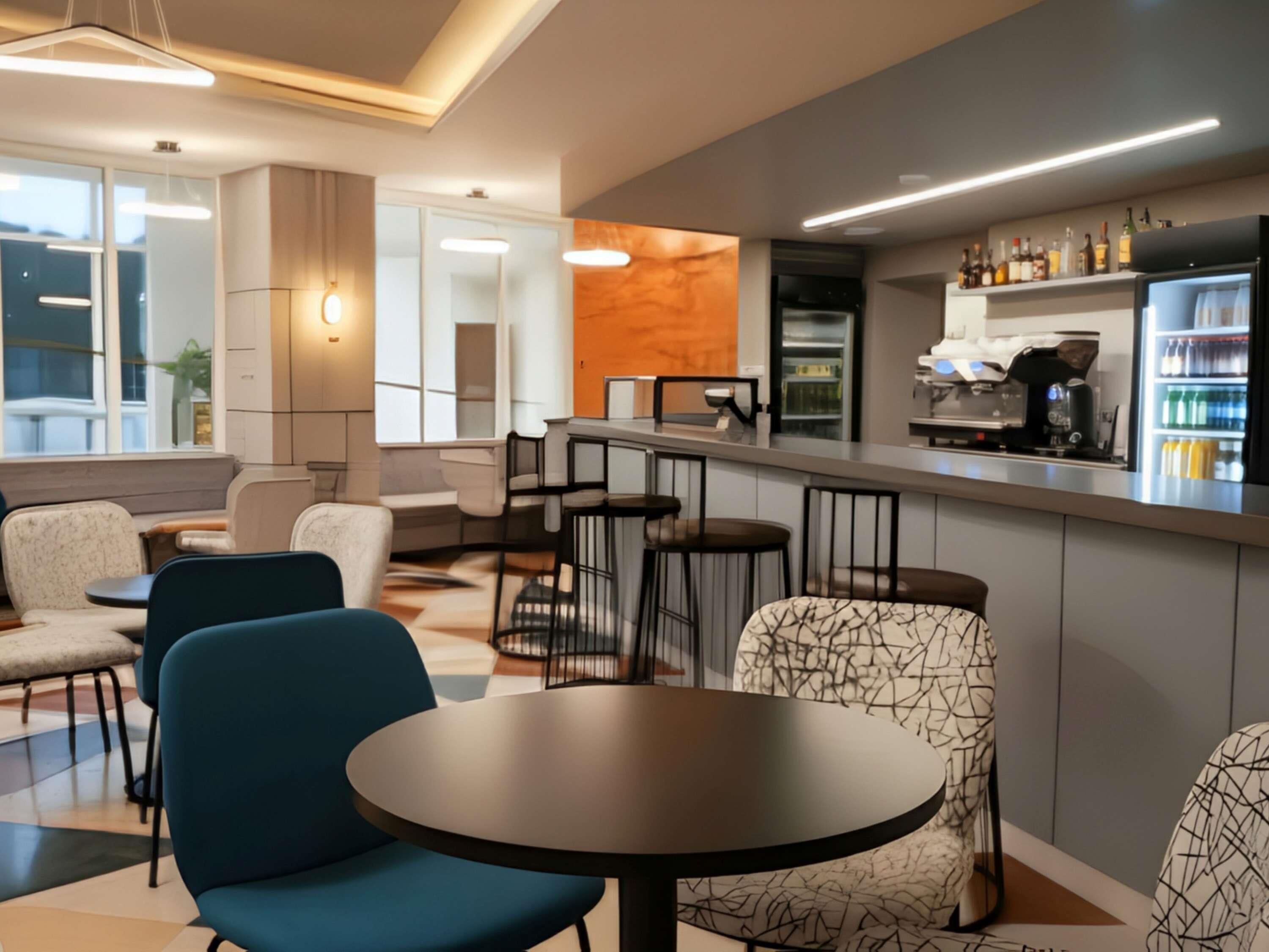 A modern bar area with seating, a coffee machine, and a refrigerator stocked with beverages.