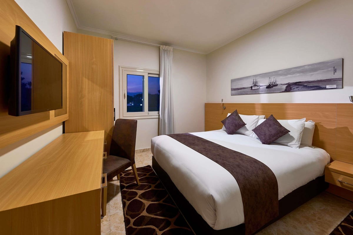 Une chambre d’hôtel avec un lit, un bureau, une chaise, une télévision, une fenêtre et un tableau au mur.