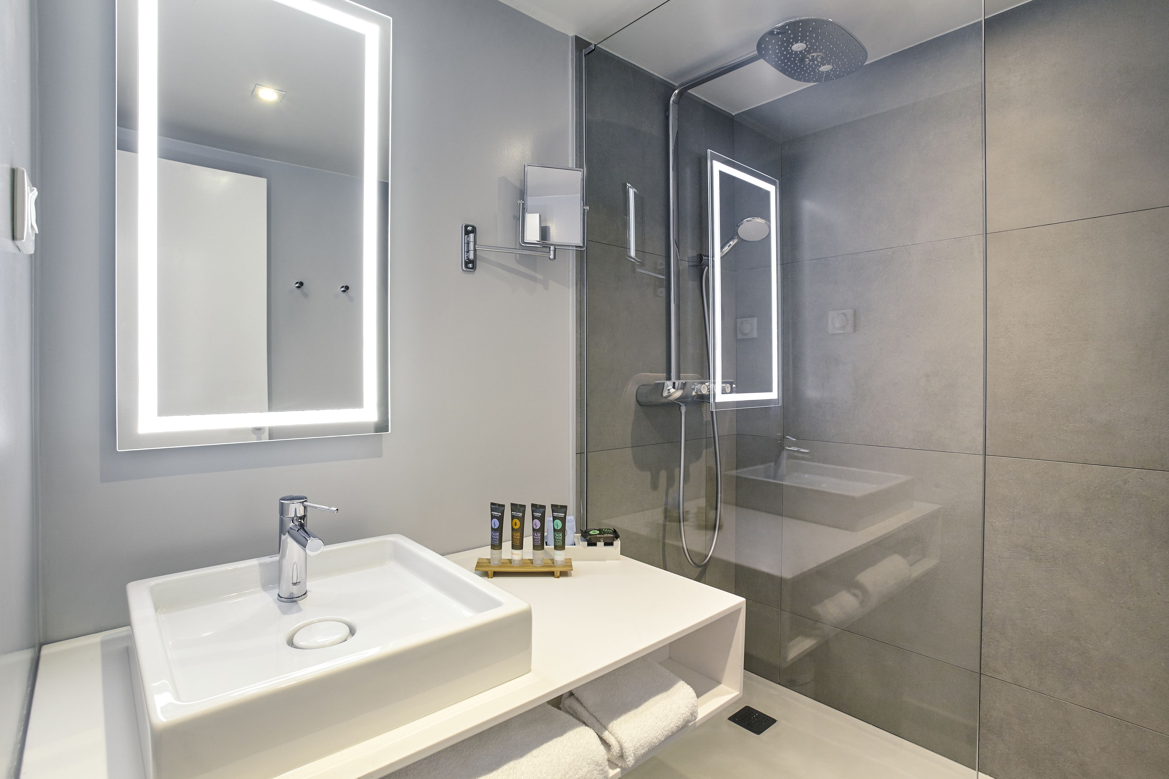 eco-friendly toiletries, hair dryer, towels