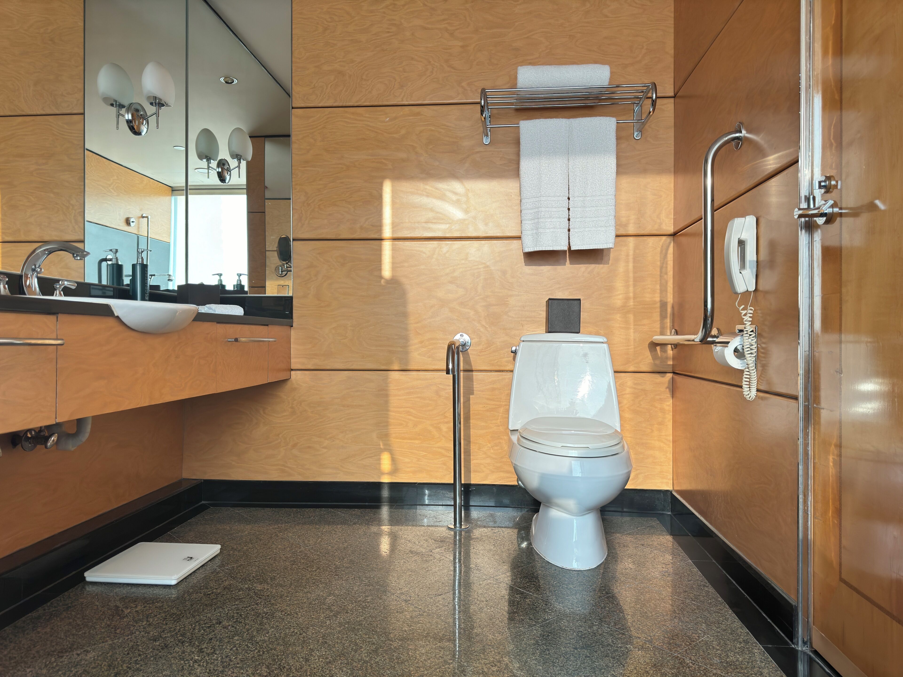 A modern bathroom with a toilet, sink, and mirror.
