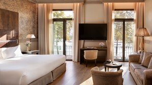 Una habitación de hotel con una cama grande, un escritorio, un televisor y un sofá.