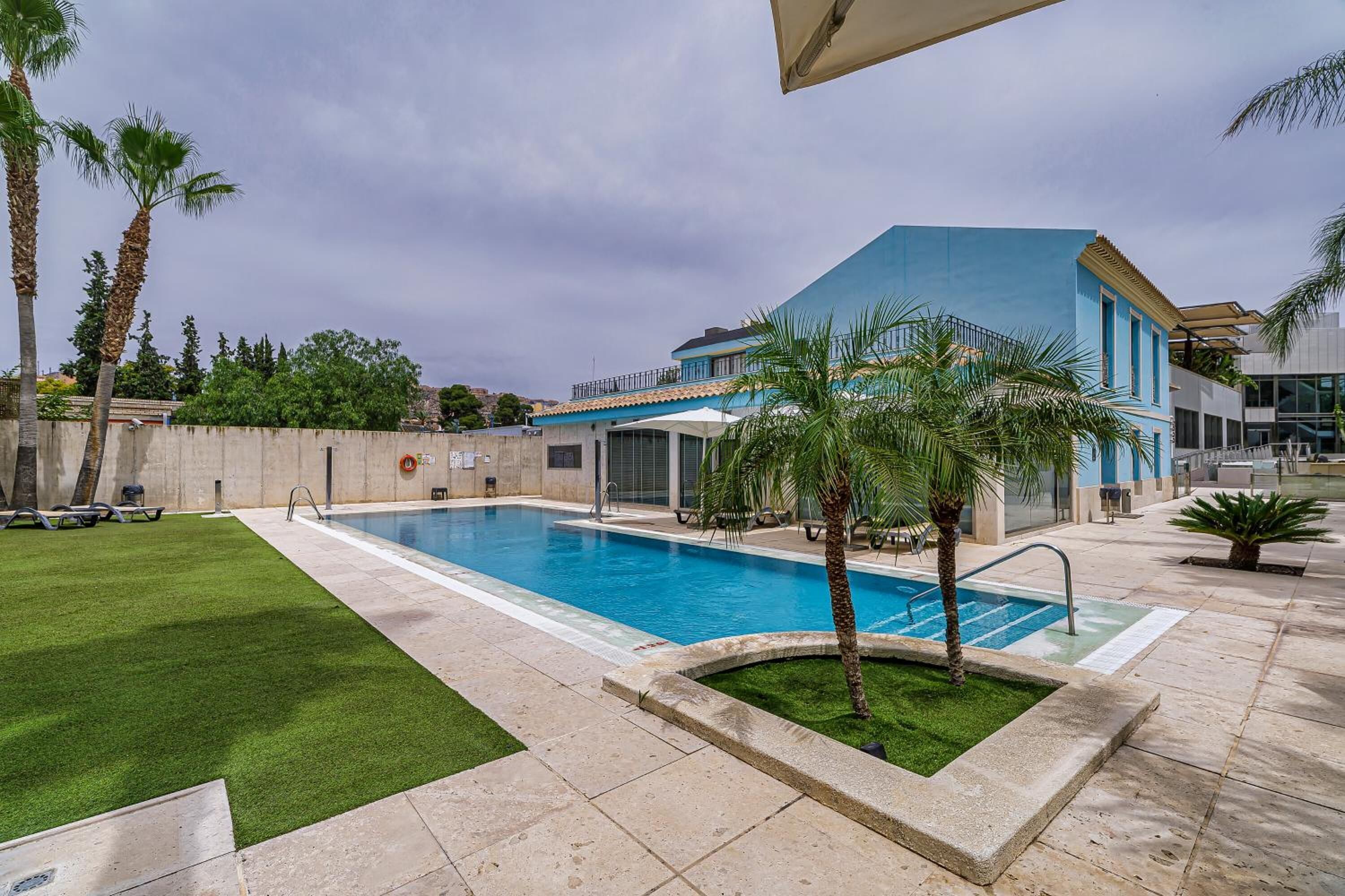 A swimming pool with a surrounding patio, palm trees, and a modern building with a blue facade.