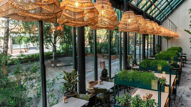 Un comedor interior con lámparas colgantes de mimbre, macetas verdes y vistas al jardín exterior.