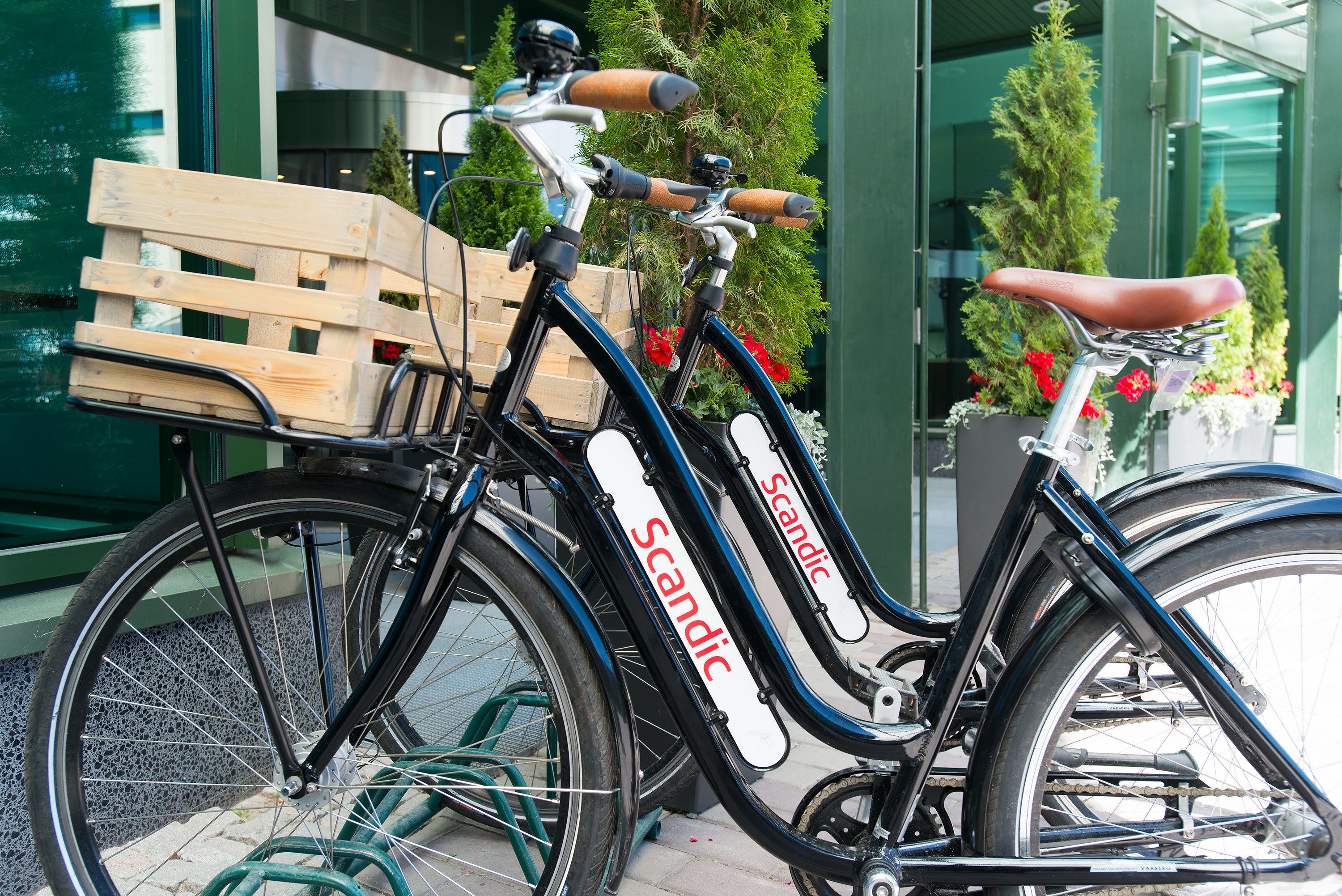 A bicycle with a wooden seat and a basket, parked in front of a building with a green exterior and potted plants.