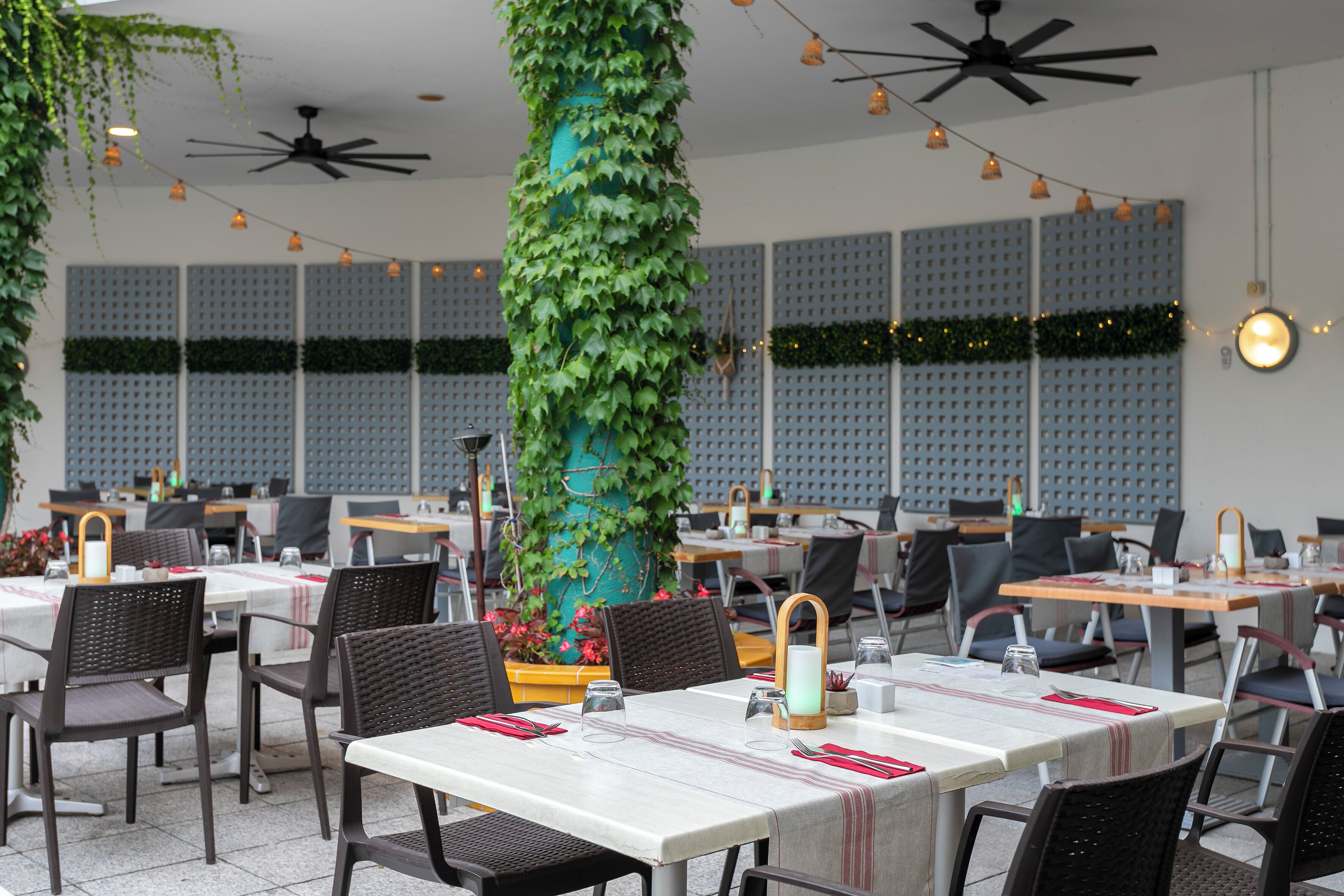 Un restaurante con mesas dispuestas para comer, sillas y una columna decorativa con plantas.