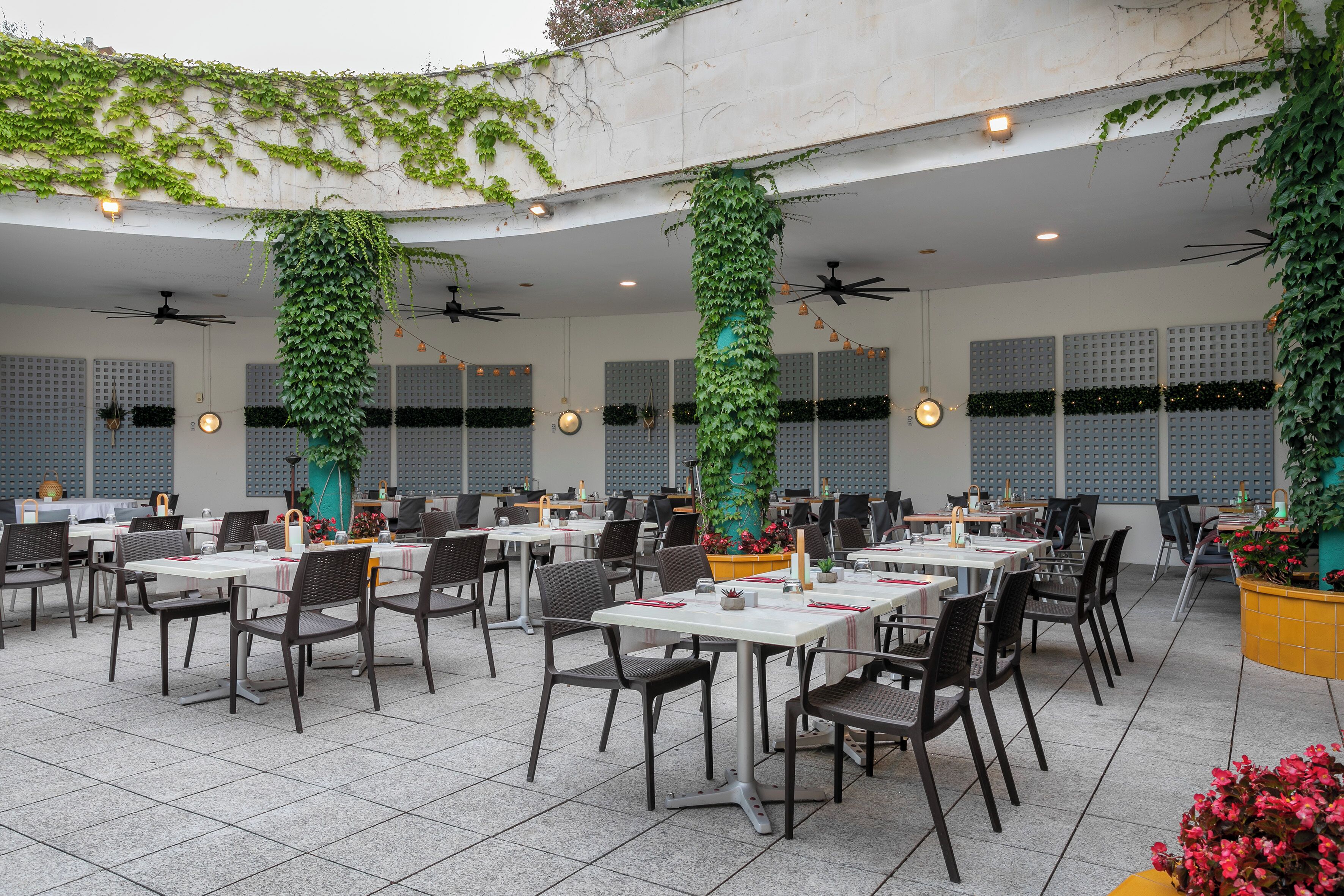 An outdoor dining area with tables and chairs, ceiling fans, and greenery.