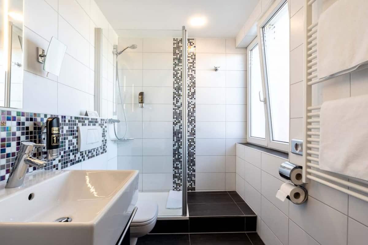 eco-friendly toiletries, hair dryer, towels, soap