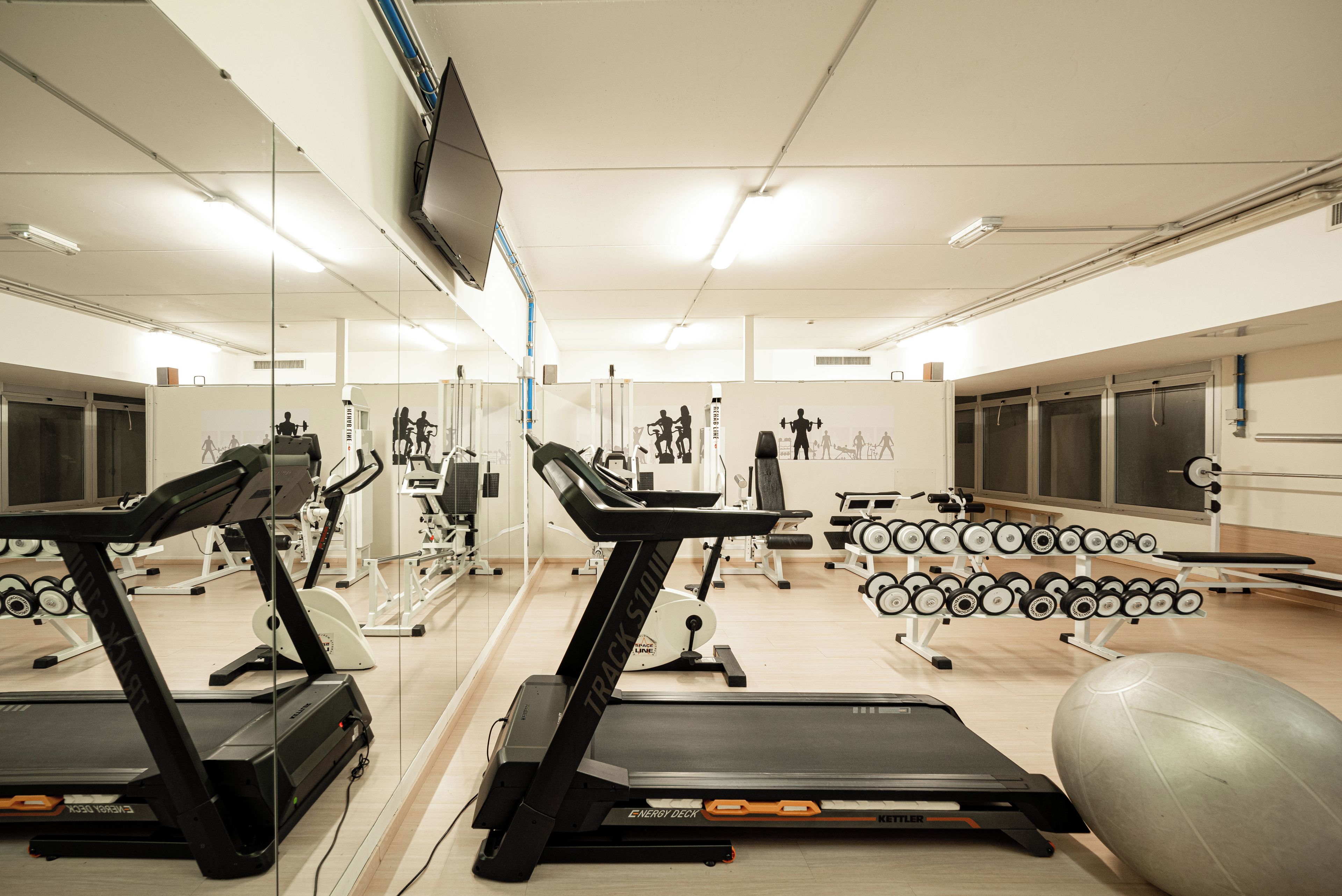 Un gimnasio con cintas de correr, máquinas de pesas y pesas libres.