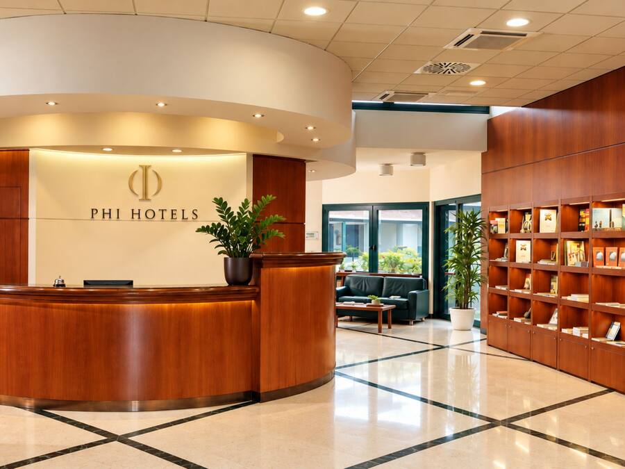 A hotel reception area with a wooden reception desk, a seating area with a sofa and armchairs, and a bookshelf with various items.