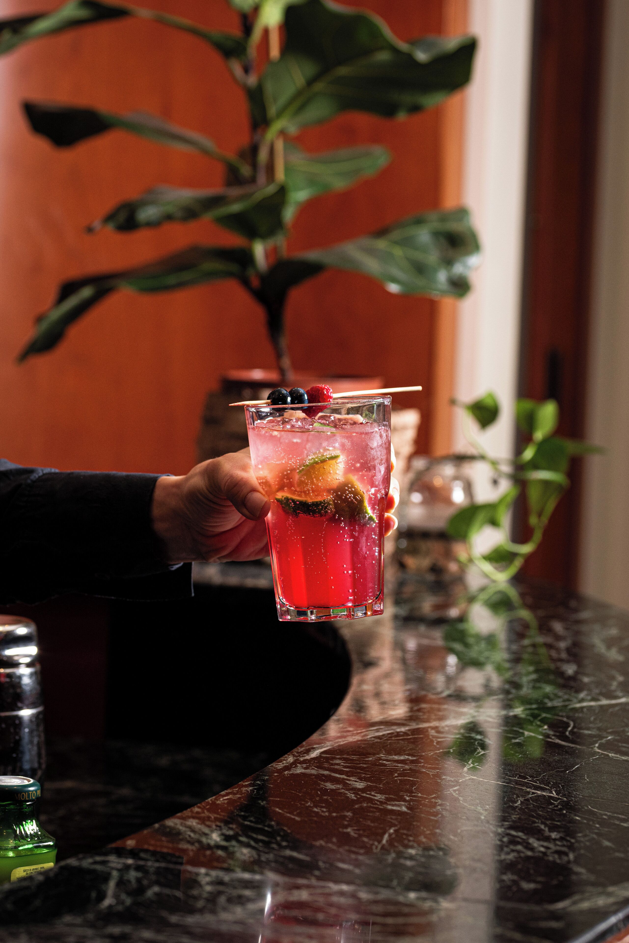 A hand holding a glass with a red drink, garnished with a strawberry and a mint leaf, on a marble surface with a plant in the background.
