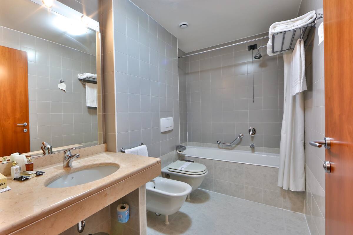 standard room, multiple beds, non smoking | bathroom | hair dryer, bidet, towels, soap