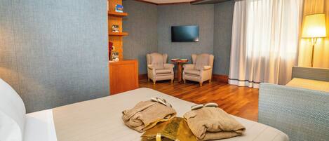 Habitación de hotel con cama, dos sillones, una mesita, televisor y lámpara.