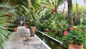A serene garden with a narrow water channel, surrounded by lush greenery and large potted plants. - Résidence Pierre & Vacances Premium Port-Prestige (Antibes)