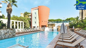 Seasonal outdoor pool, pool umbrellas, pool loungers