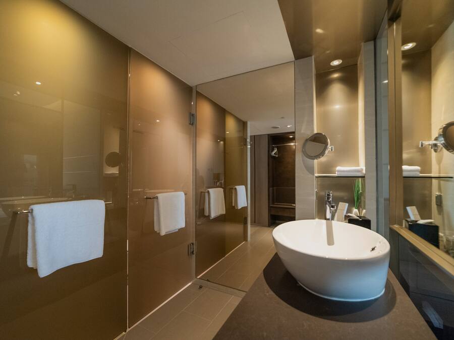 Une salle de bain moderne avec un grand lavabo blanc, une douche en verre et un miroir au-dessus du lavabo.