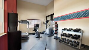 A gym with a treadmill, elliptical, dumbbells, and a bench.