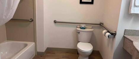 Un baño con inodoro, ducha y barra de apoyo.