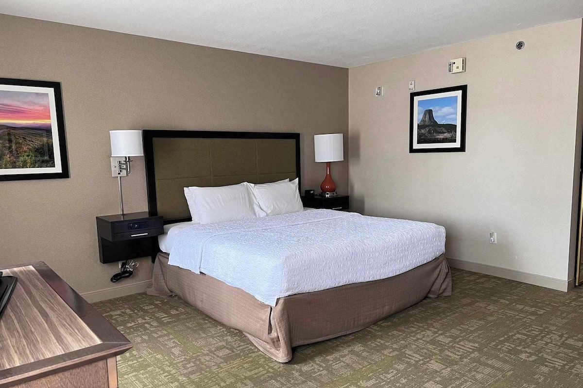 A hotel room with a large bed, two bedside lamps, a nightstand, a desk, and a framed picture on the wall.