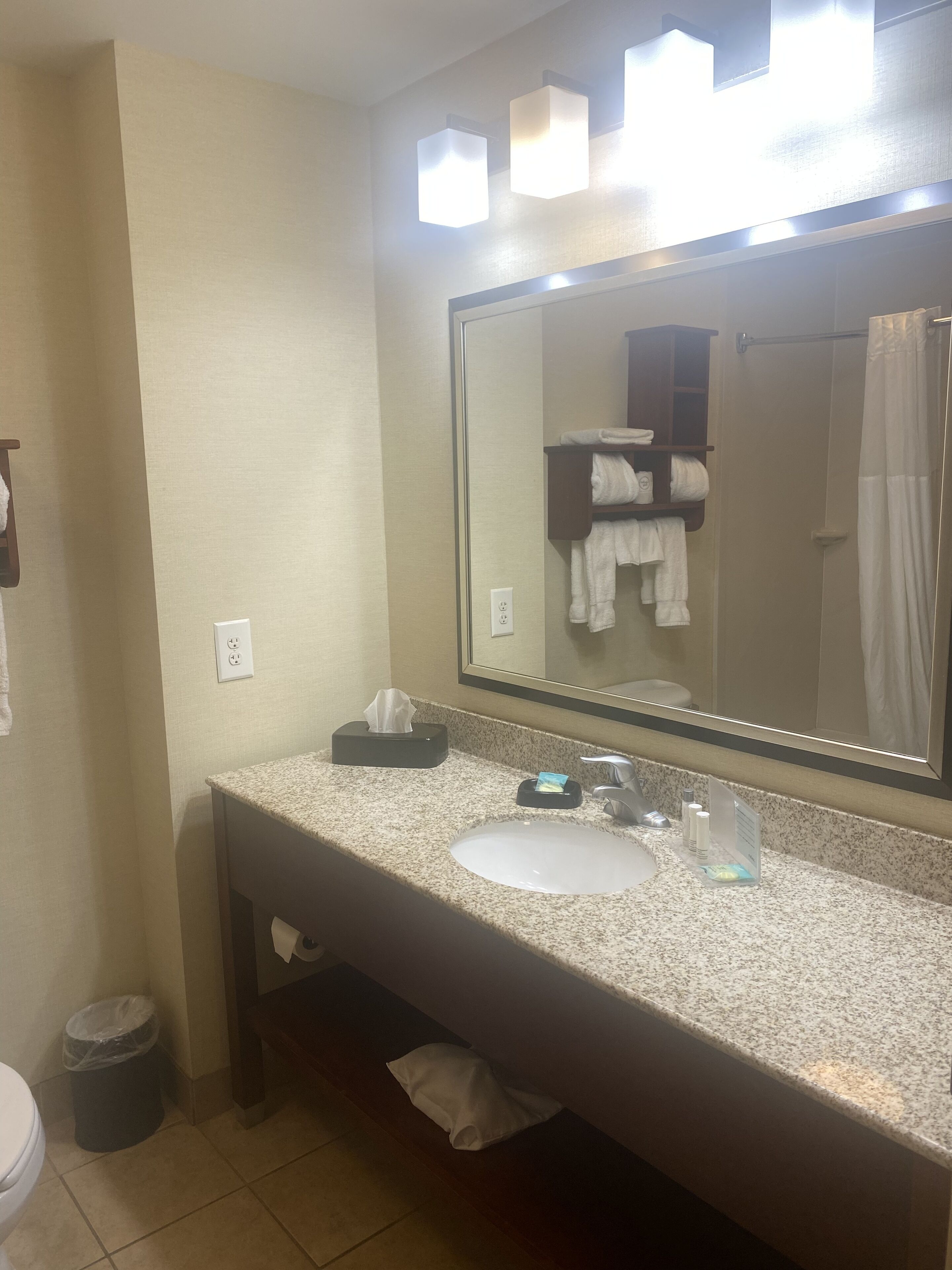 Combined shower/tub, hair dryer, towels