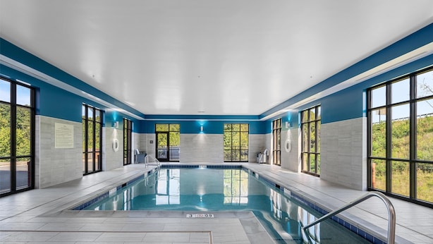 An indoor swimming pool with clear blue water, surrounded by large windows offering views of greenery. - Hampton Inn Front Royal (Front Royal)