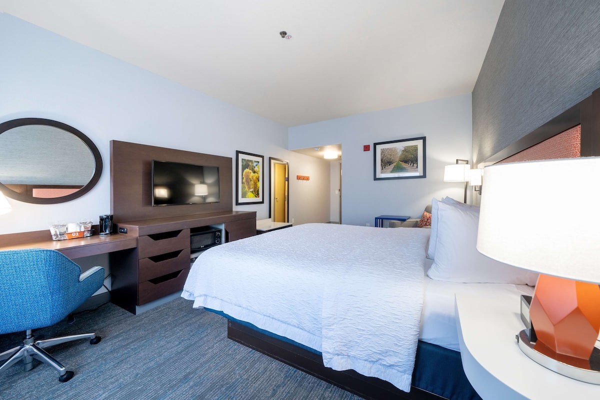 A hotel room with a bed, a desk with a chair, a TV, and a lamp.