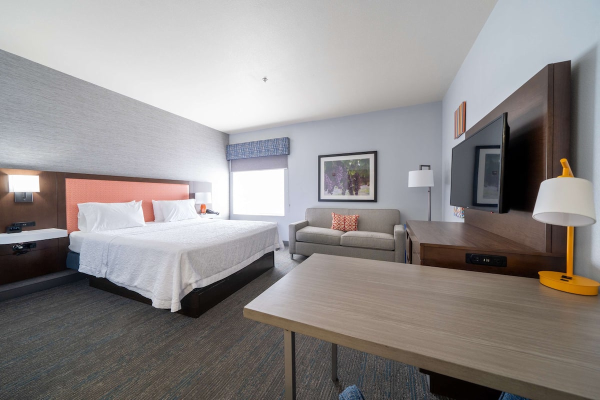 A hotel room with a bed, a sofa, a desk, a TV, and a window.