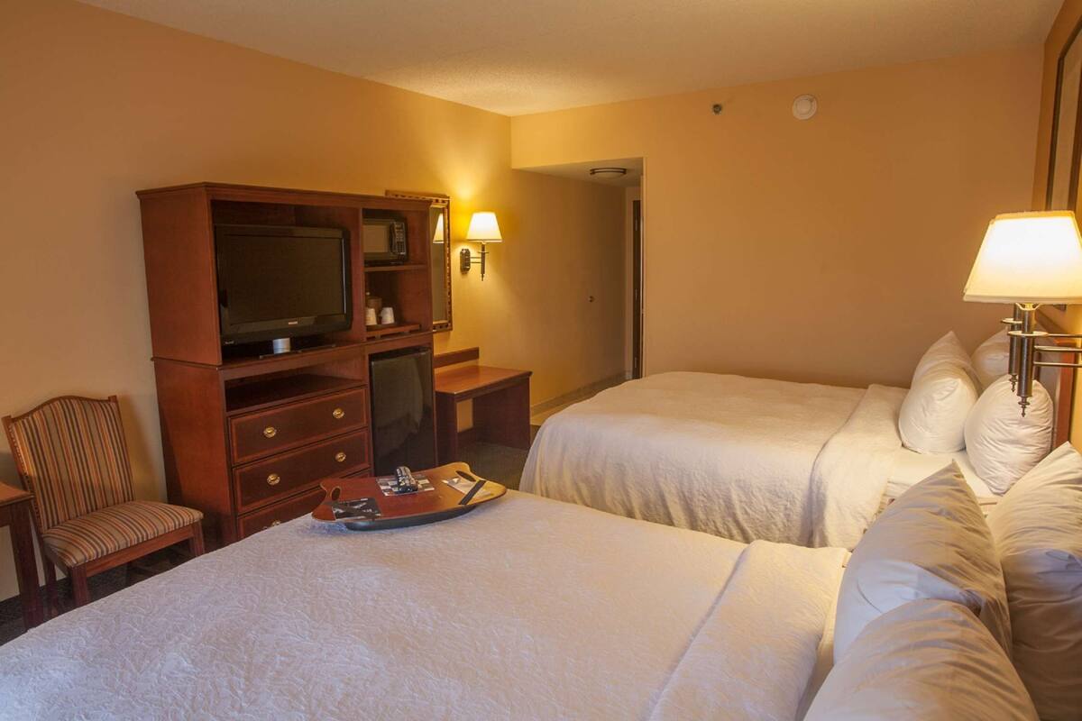 A hotel room with two beds, a TV, a desk with a lamp, and a chair.