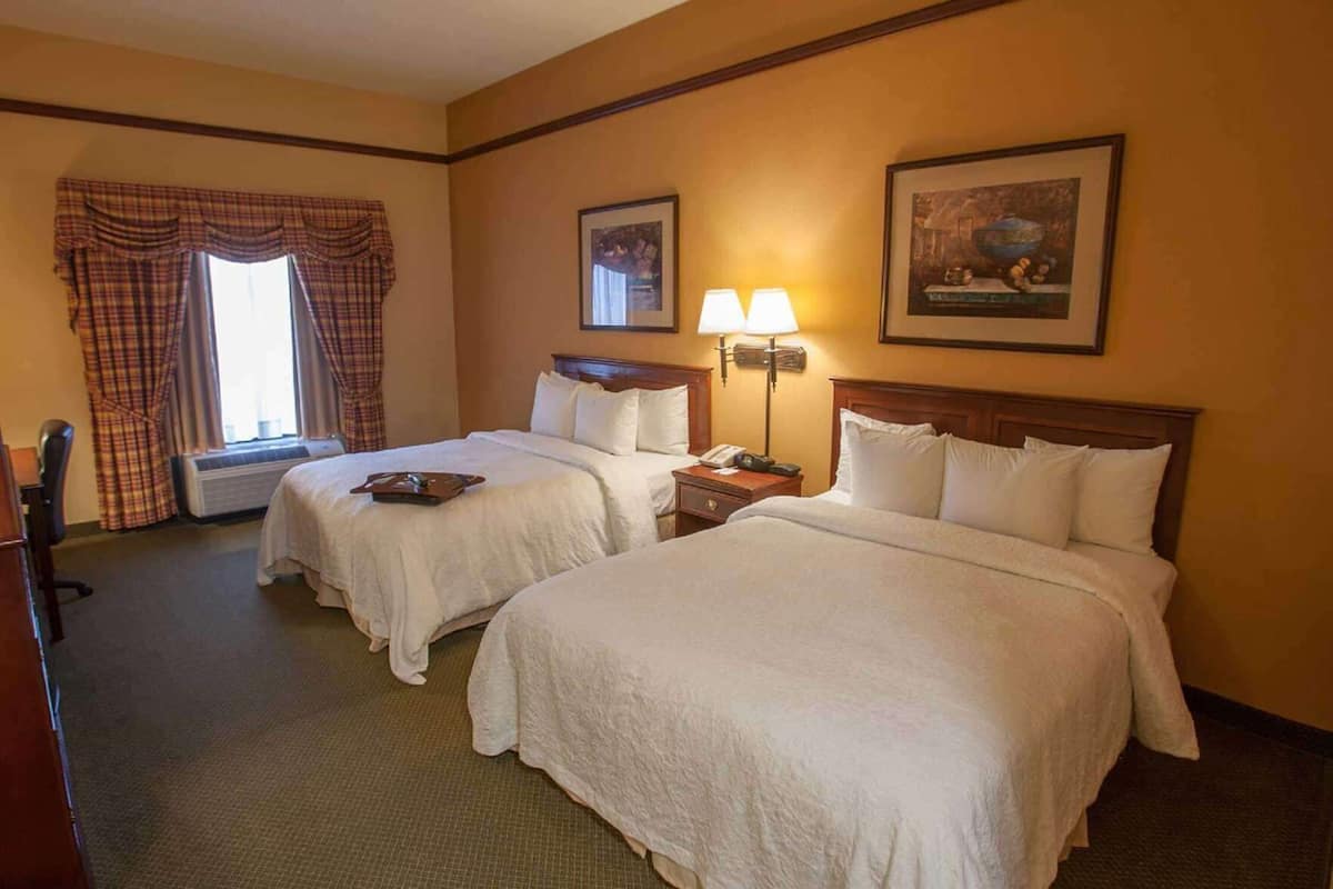 A hotel room with two beds, a desk, a chair, a lamp, and two framed pictures on the wall.