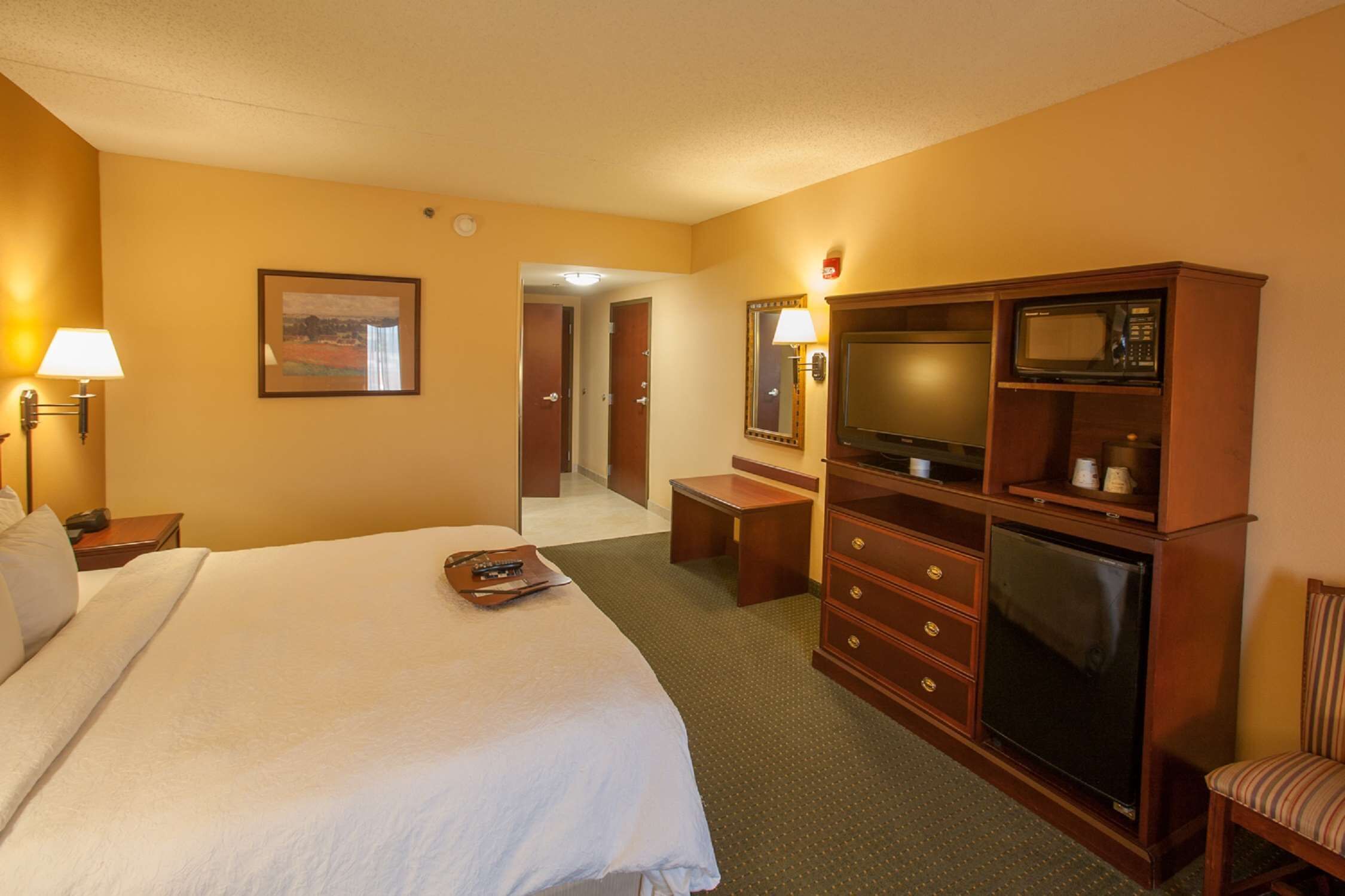 A hotel room with a large bed, a desk with a television, a microwave, and a chair.