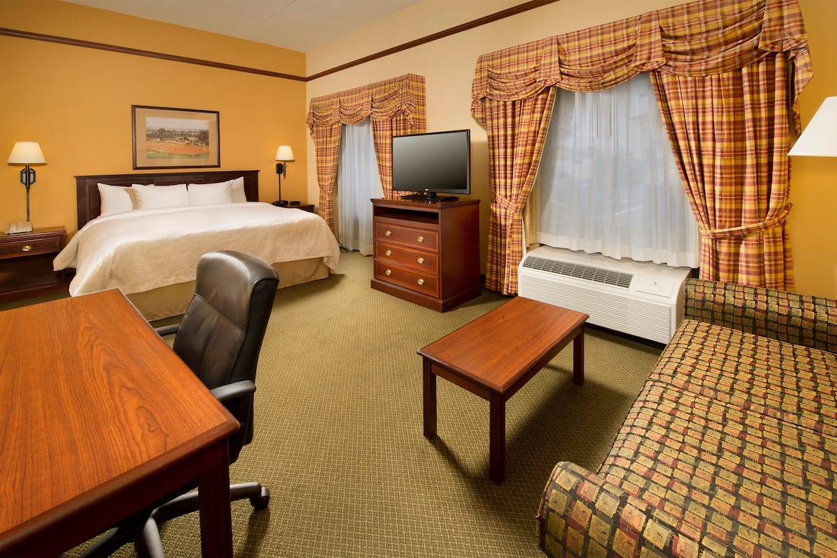 A hotel room with a bed, a desk, a chair, a television, a sofa, and an air conditioning unit.
