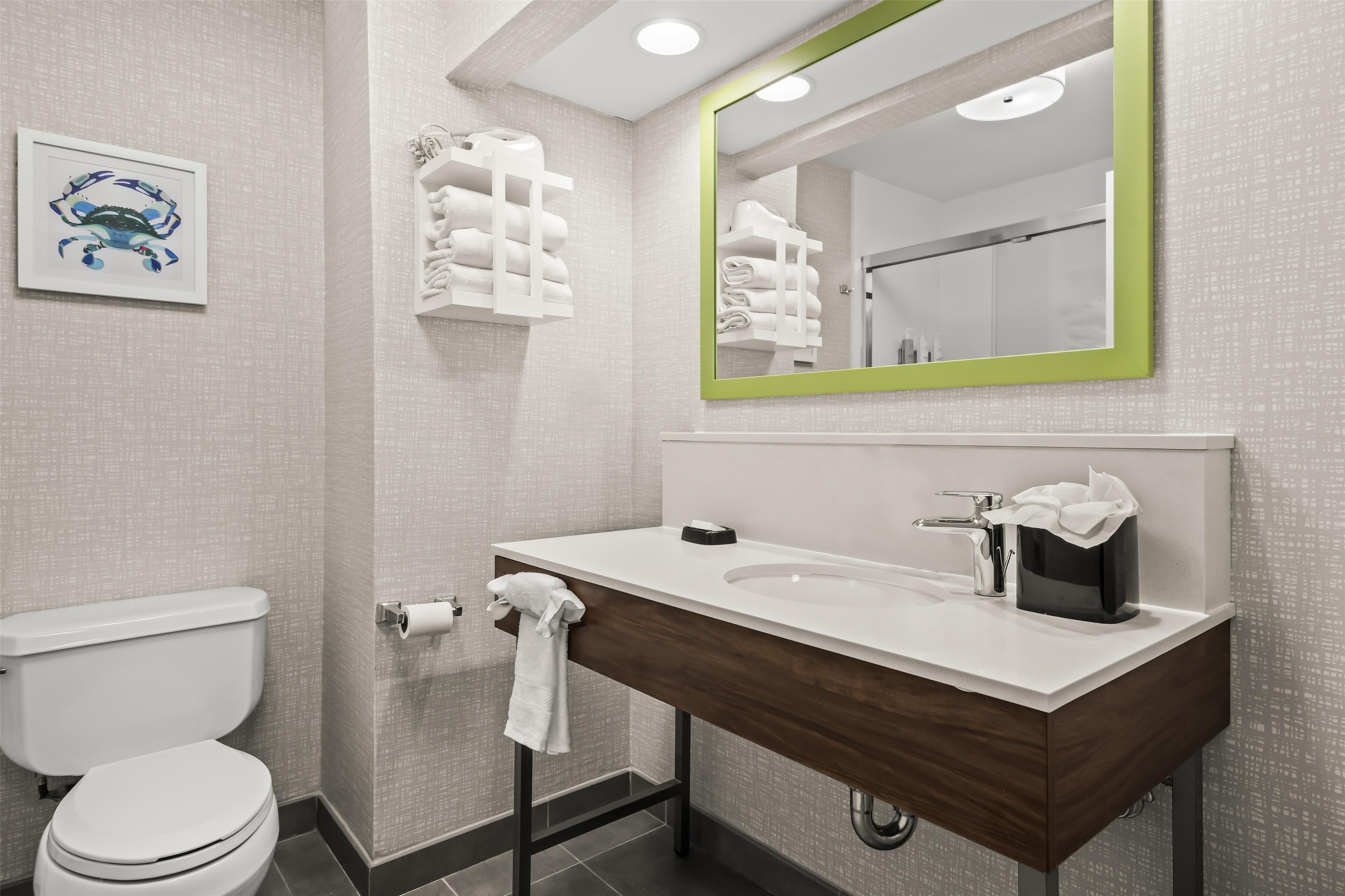 one king bed non smoking | bathroom | designer toiletries, hair dryer, towels, soap