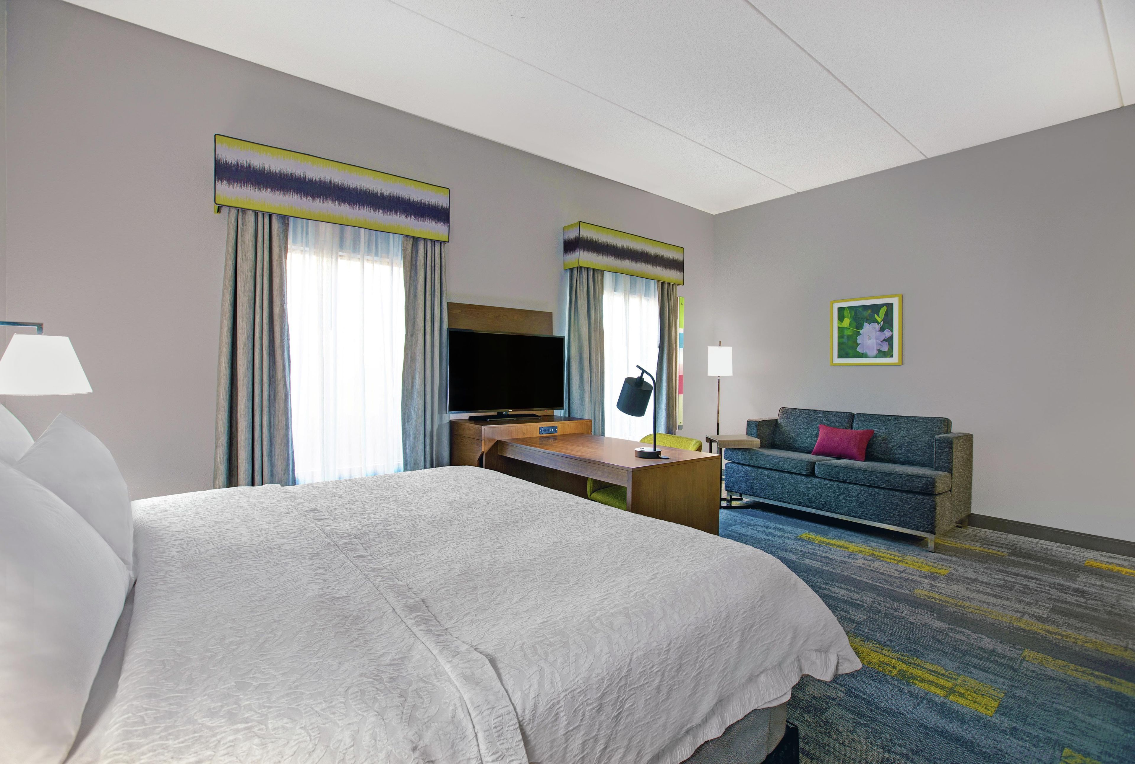 Habitación de hotel con una cama grande, un escritorio, un televisor, un sofá y un cuadro en la pared.