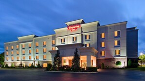 A Hampton Inn hotel with a modern design, featuring a prominent sign, multiple floors, and a well-lit entrance.