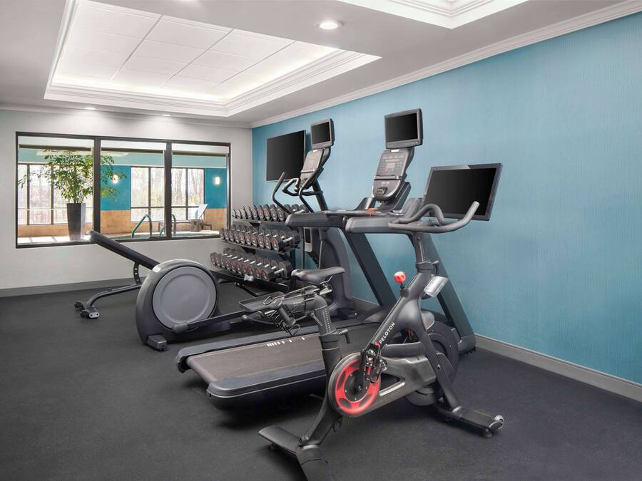 A gym with treadmills, stationary bikes, and weight machines.