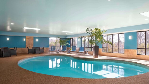 An indoor swimming pool with blue walls, large windows, and several lounge chairs. - Hampton Inn Chicopee/Springfield (Chicopee)