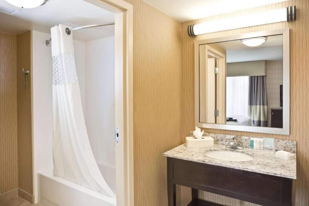 Combined shower/bathtub, free toiletries, hair dryer, towels