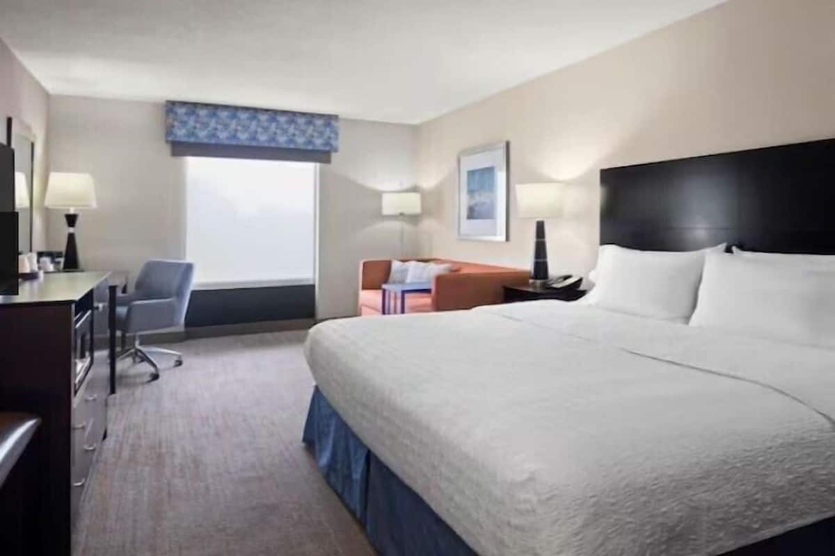 A hotel room with a large bed, a desk with a chair, a window with a view, and a wall-mounted TV.