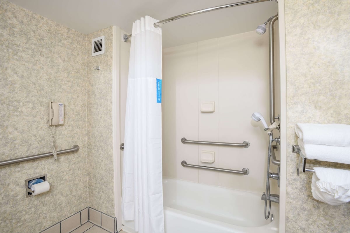 combined shower/bathtub, free toiletries, hair dryer, towels