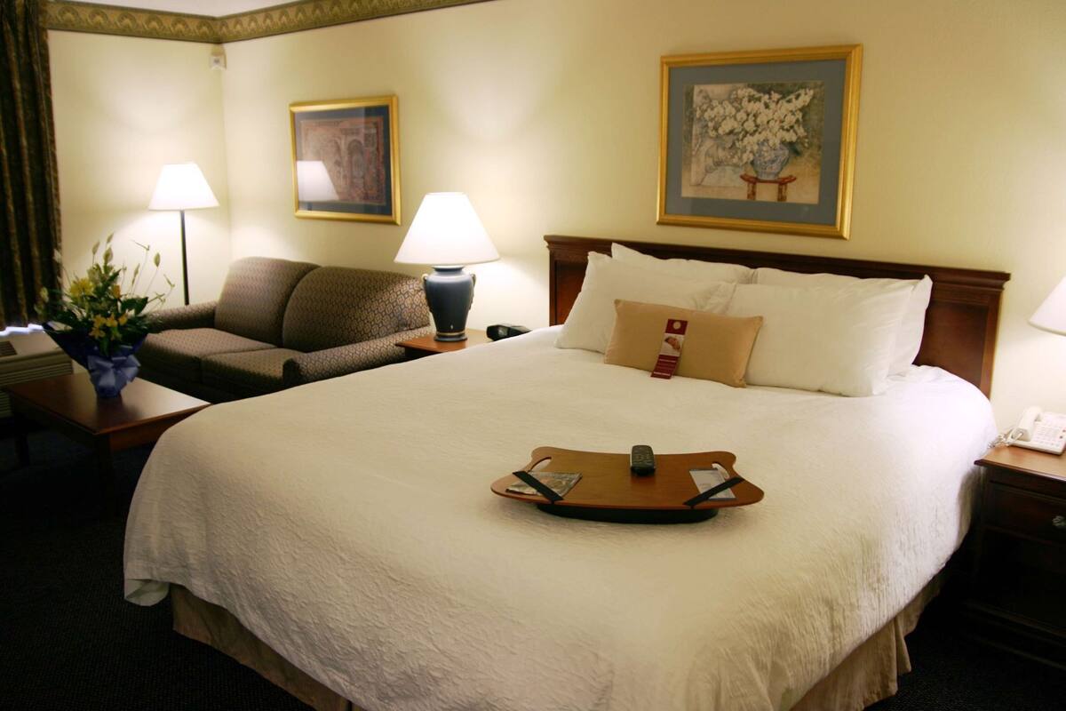 A hotel room with a large bed, a bedside table, a lamp, a chair, and a painting on the wall.