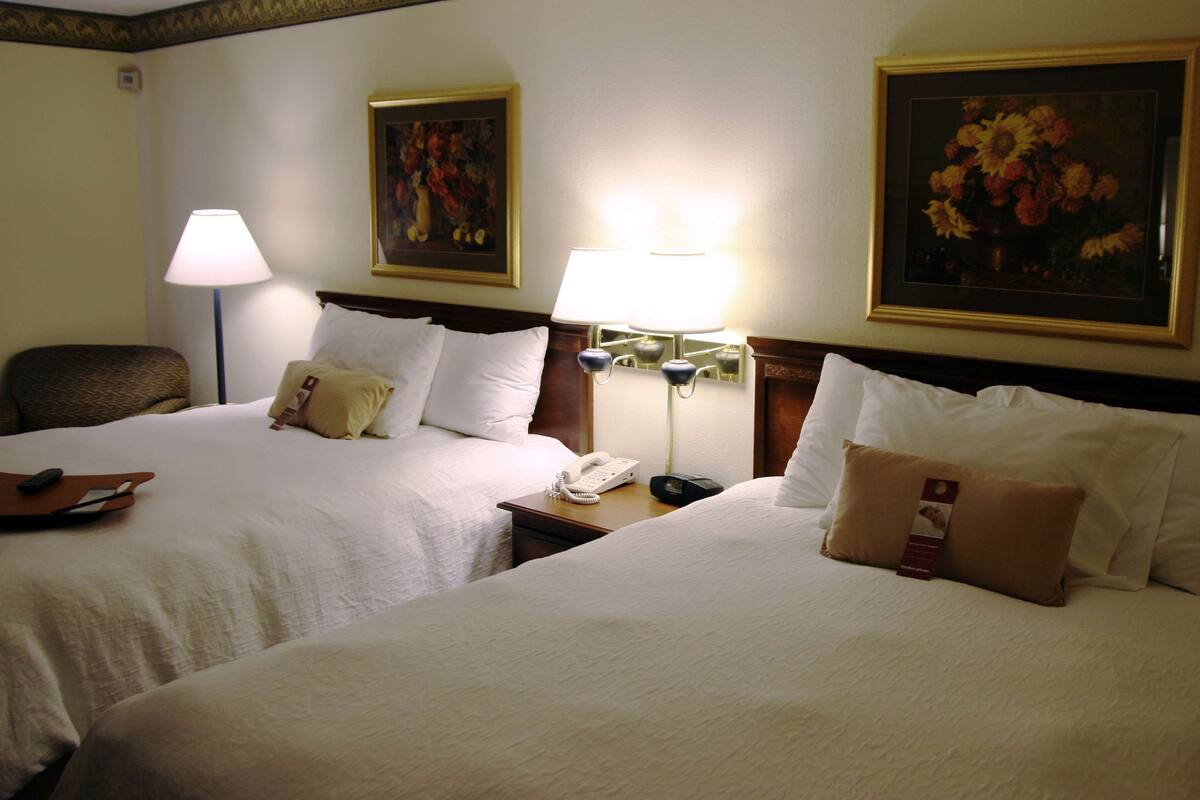 Een hotelkamer met twee bedden, een nachtkastje met een lamp, een telefoon en een stoel.